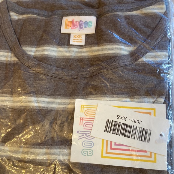 LULAROE Julia Bodycon Midi Dress XXS Gray Brown Stripe Short Elbow Sleeve NEW! - Picture 7 of 10